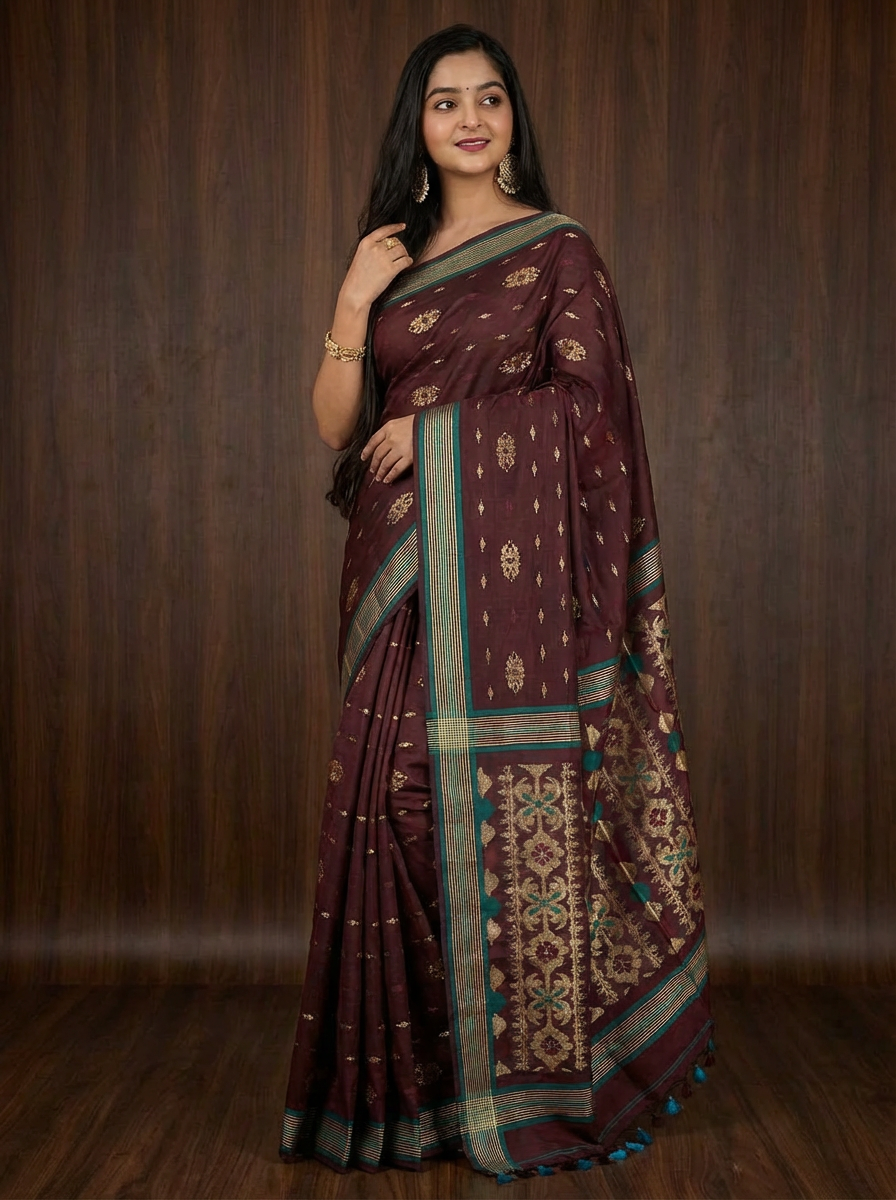 Premium Tangail Tat Silk Shari – Maroon | Code 1006