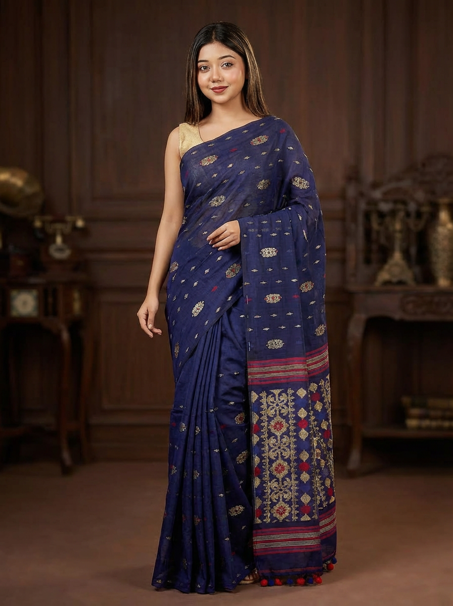 Premium Tangail Tat Silk Shari – Navy | Code 1005
